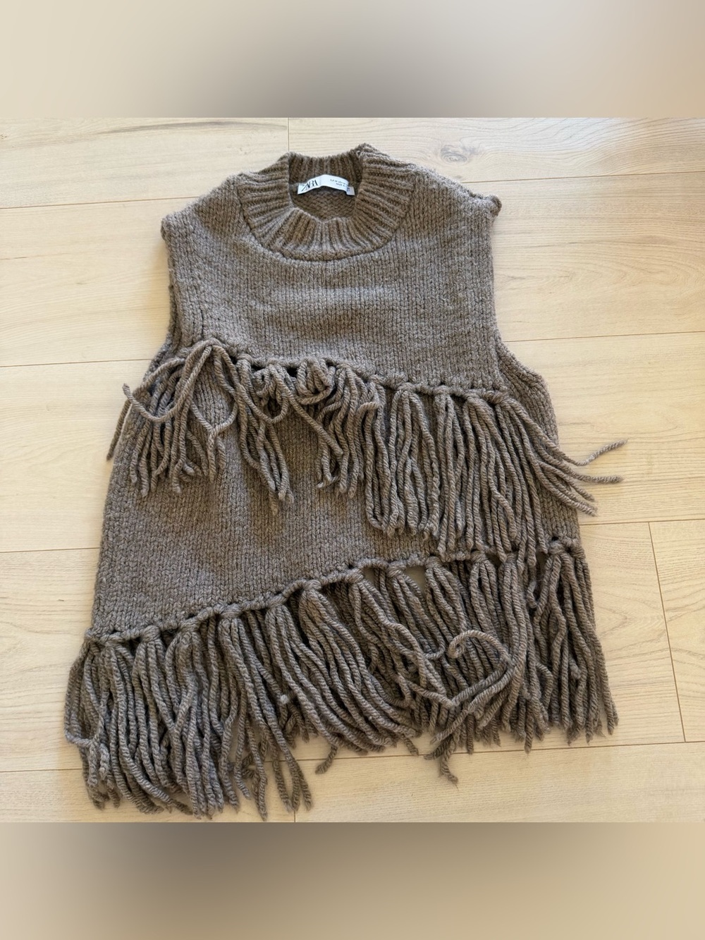 Zara Taupe Fringe Knit Sleeveless Sweater Top